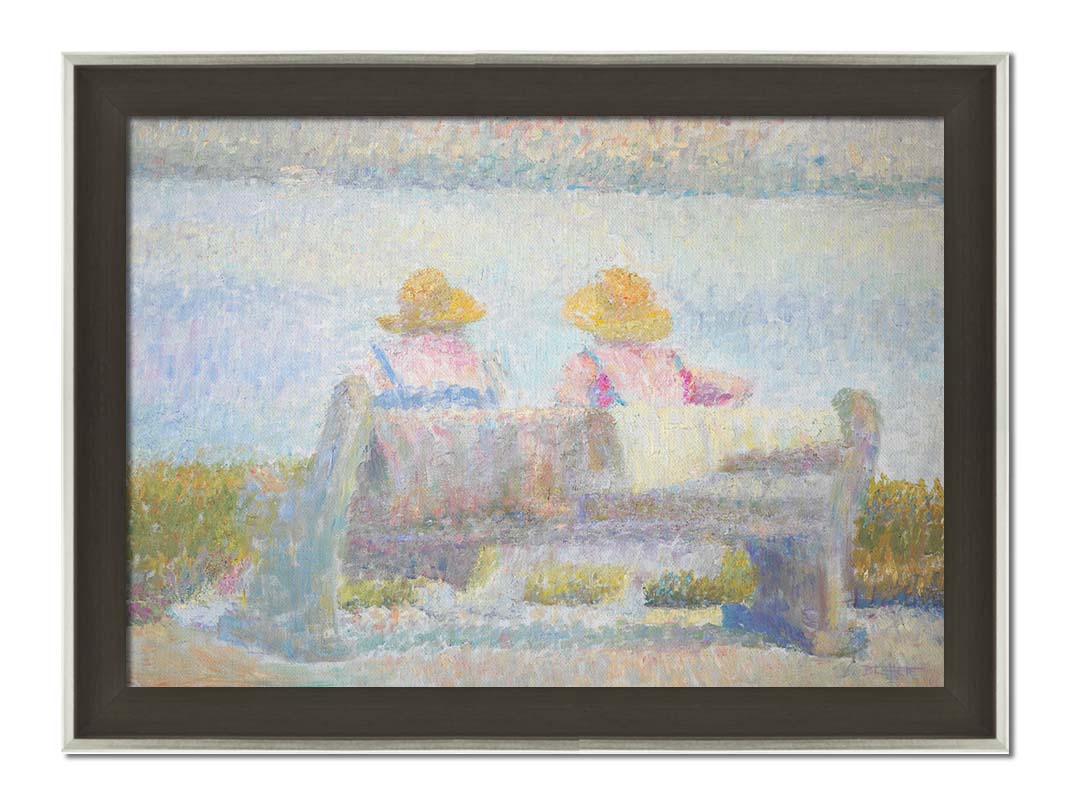 A painting of two people in sunhats, sitting on a bench overlooking a calm body of water. Created using many unblended, visible brushstrokes and pale, soft colors. Printed on canvas and framed.