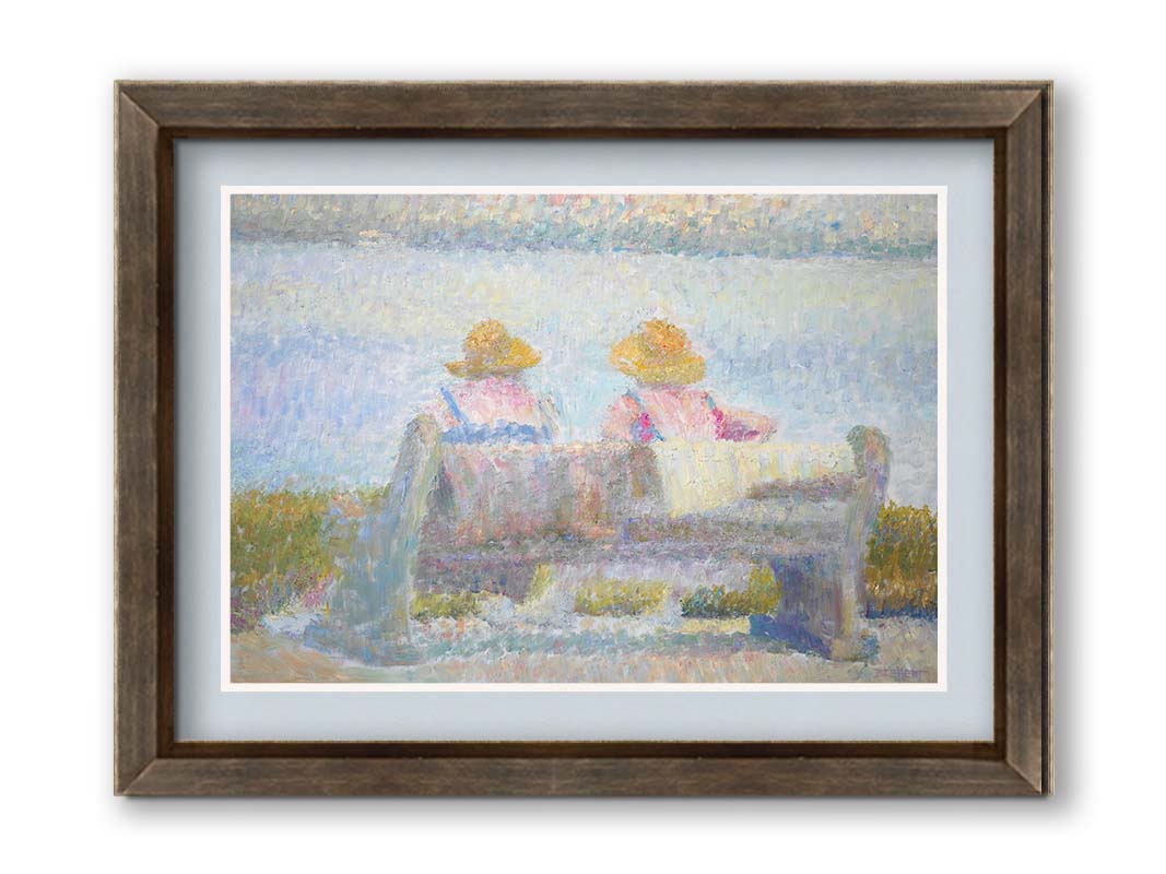 A painting of two people in sunhats, sitting on a bench overlooking a calm body of water. Created using many unblended, visible brushstrokes and pale, soft colors. Printed on paper, matted, and framed.