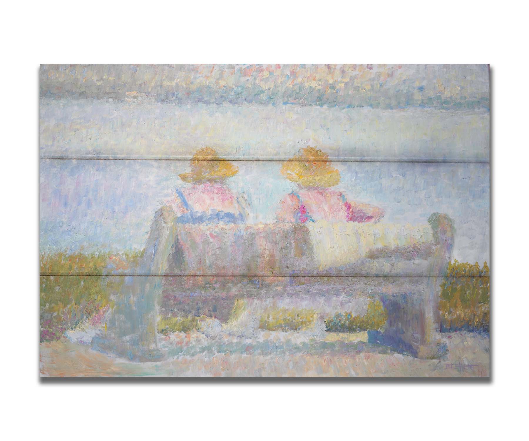 A painting of two people in sunhats, sitting on a bench overlooking a calm body of water. Created using many unblended, visible brushstrokes and pale, soft colors. Printed on a box board.