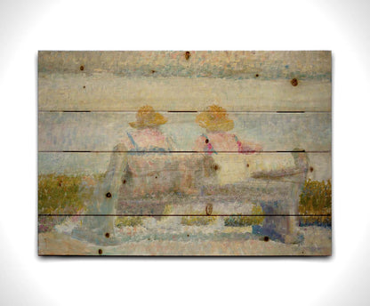 A painting of two people in sunhats, sitting on a bench overlooking a calm body of water. Created using many unblended, visible brushstrokes and pale, soft colors. Printed on a wood pallet.