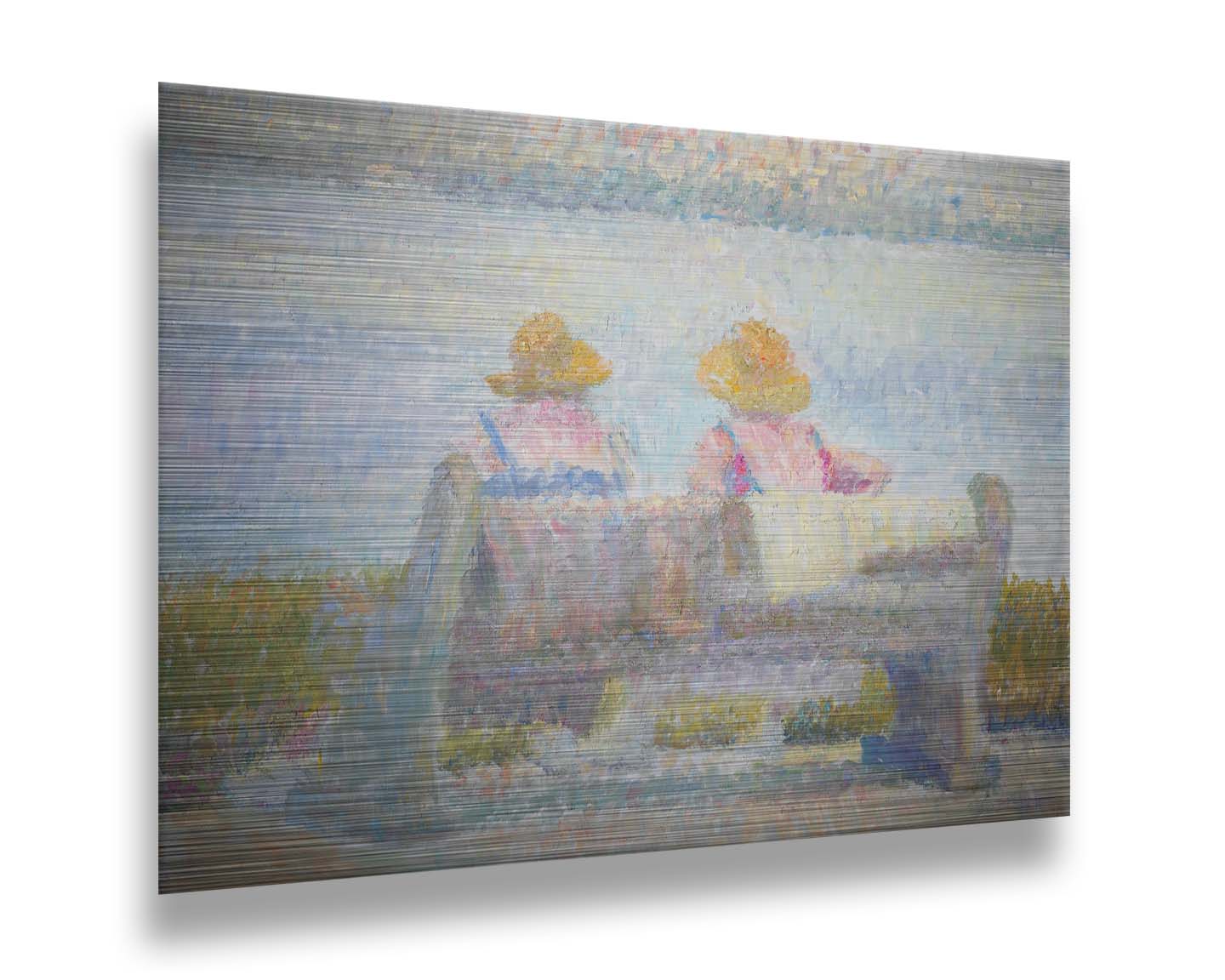 A painting of two people in sunhats, sitting on a bench overlooking a calm body of water. Created using many unblended, visible brushstrokes and pale, soft colors. Printed on metal.