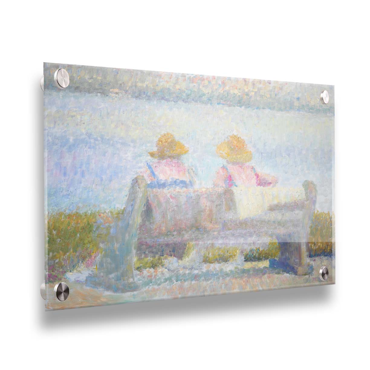 A painting of two people in sunhats, sitting on a bench overlooking a calm body of water. Created using many unblended, visible brushstrokes and pale, soft colors. Printed on acrylic.