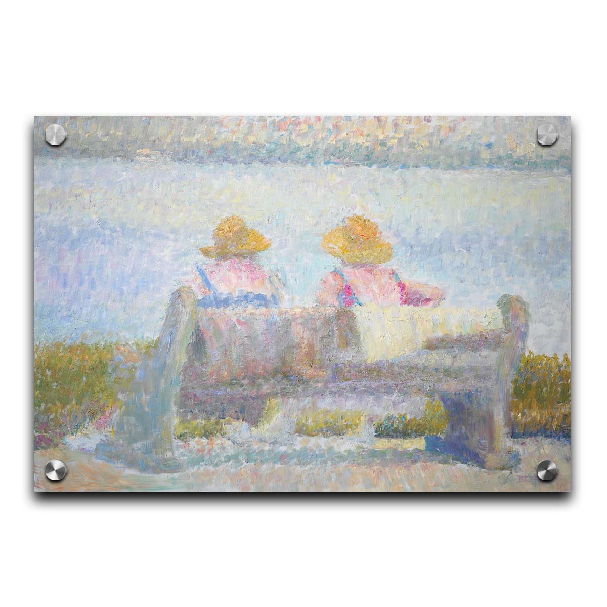 A painting of two people in sunhats, sitting on a bench overlooking a calm body of water. Created using many unblended, visible brushstrokes and pale, soft colors. Printed on acrylic.