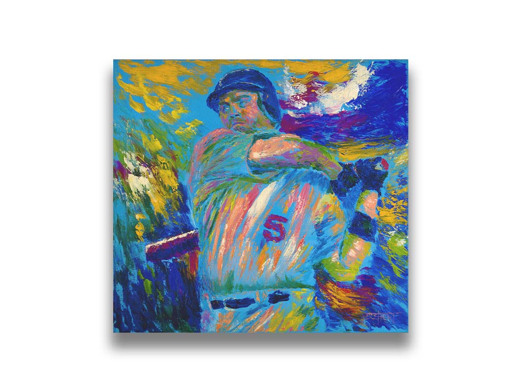 A blue and yellow painting depicting a baseball player mid-swing of the bat. The visible brushstrokes emphasize the movement of the swing. Printed on canvas.