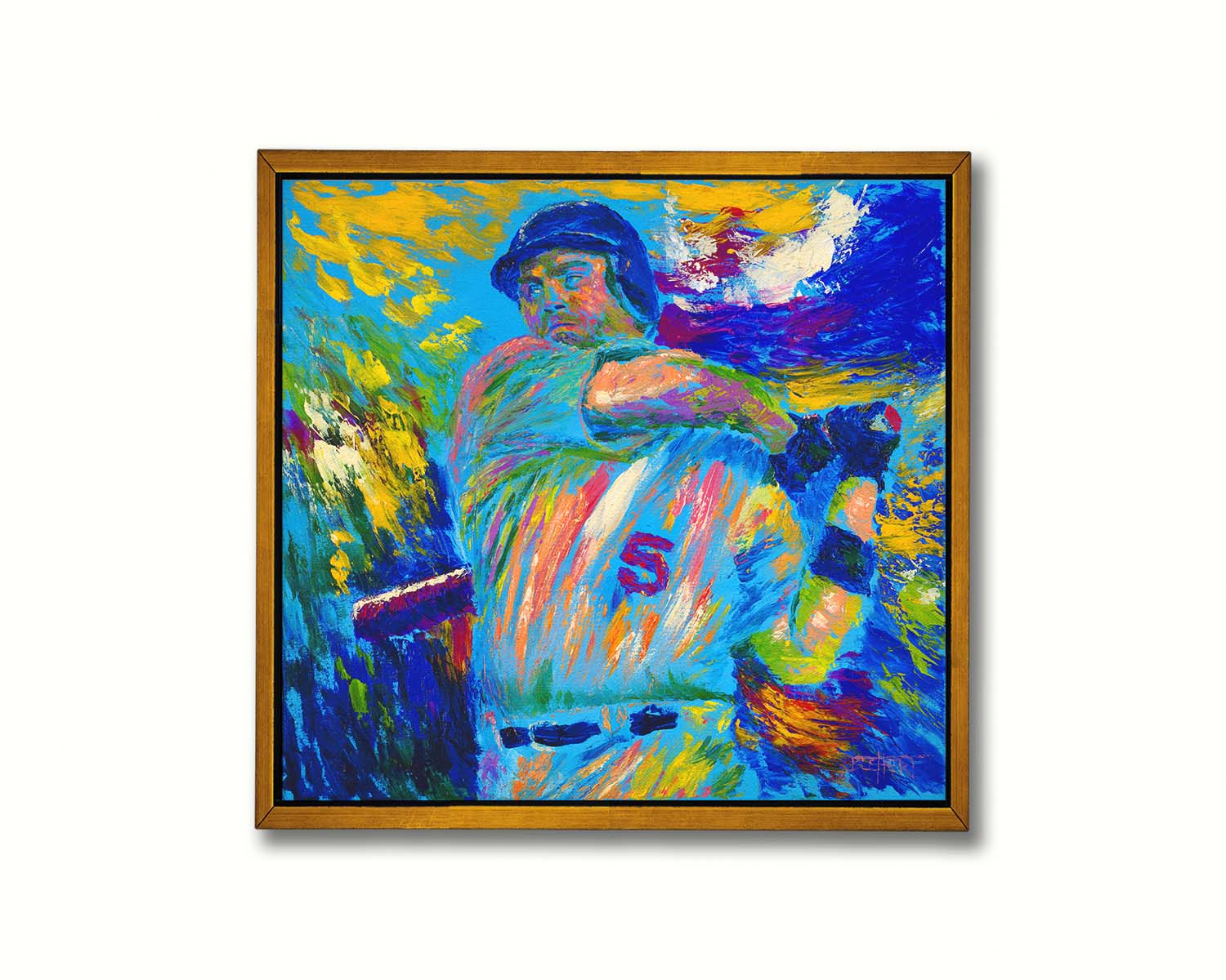 A blue and yellow painting depicting a baseball player mid-swing of the bat. The visible brushstrokes emphasize the movement of the swing. Printed on canvas in a float frame.