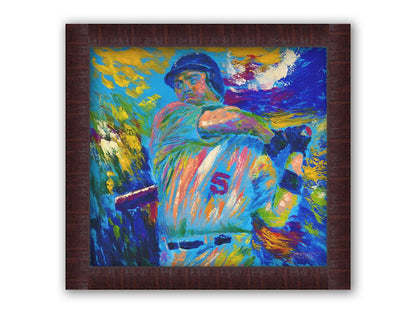 A blue and yellow painting depicting a baseball player mid-swing of the bat. The visible brushstrokes emphasize the movement of the swing. Printed on canvas and framed.