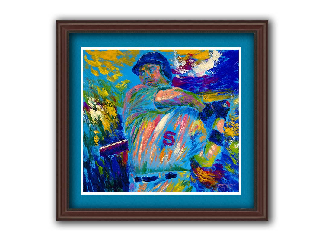 A blue and yellow painting depicting a baseball player mid-swing of the bat. The visible brushstrokes emphasize the movement of the swing. Printed on paper, matted, and framed.