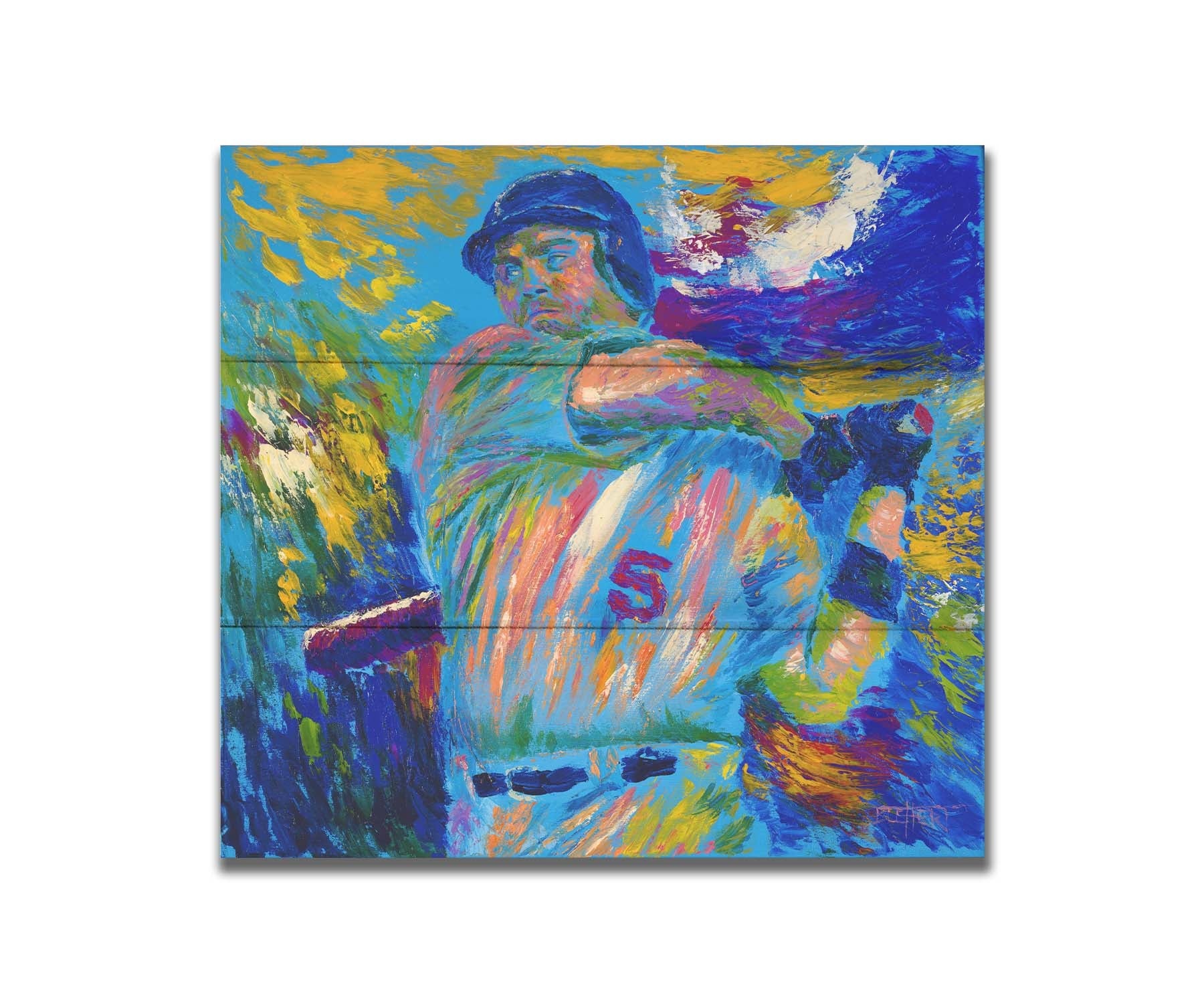 A blue and yellow painting depicting a baseball player mid-swing of the bat. The visible brushstrokes emphasize the movement of the swing. Printed on a box board.