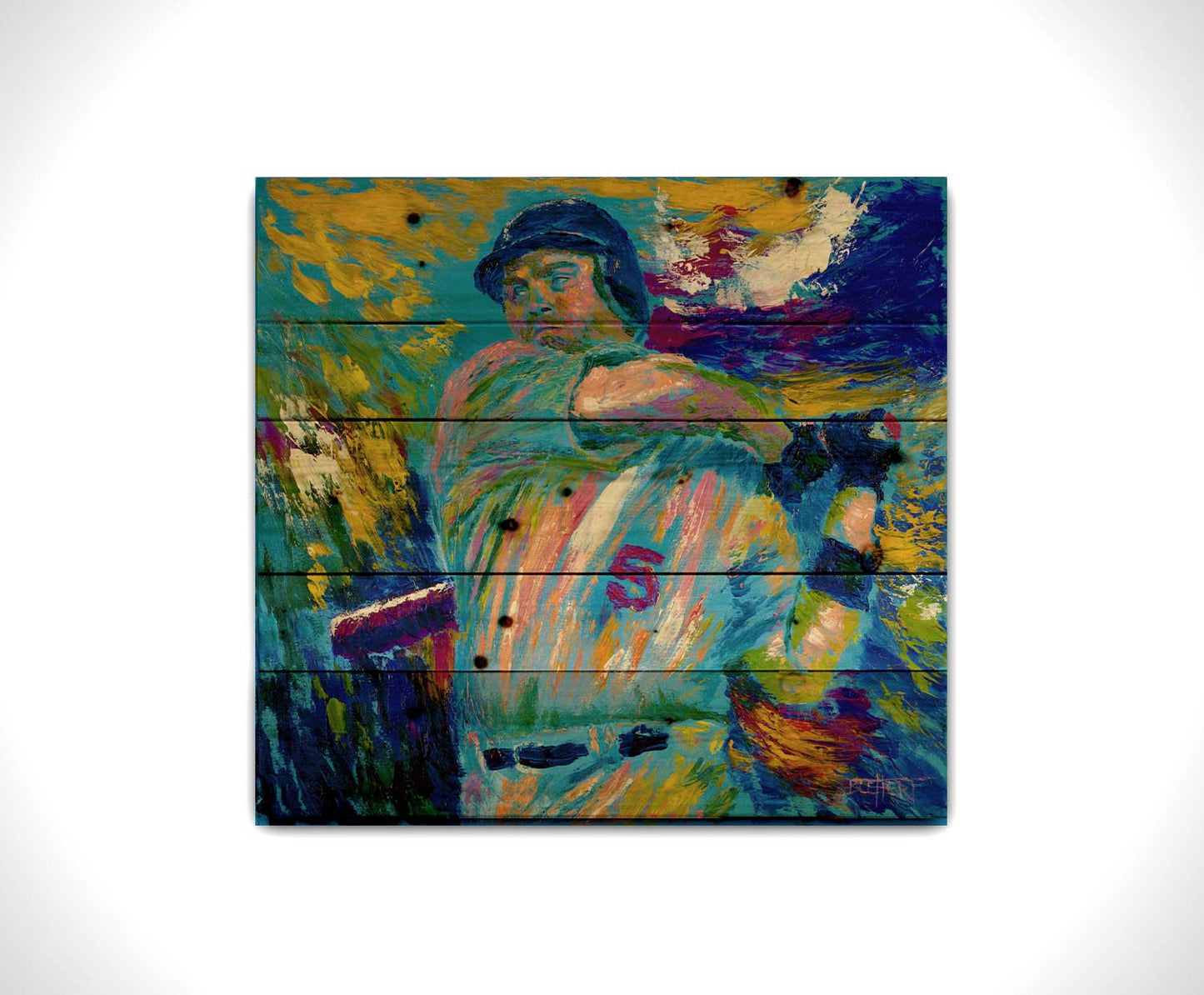 A blue and yellow painting depicting a baseball player mid-swing of the bat. The visible brushstrokes emphasize the movement of the swing. Printed on a wood pallet.