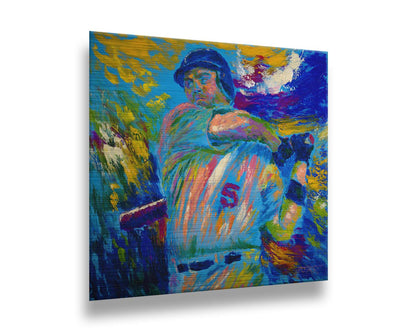 A blue and yellow painting depicting a baseball player mid-swing of the bat. The visible brushstrokes emphasize the movement of the swing. Printed on metal.