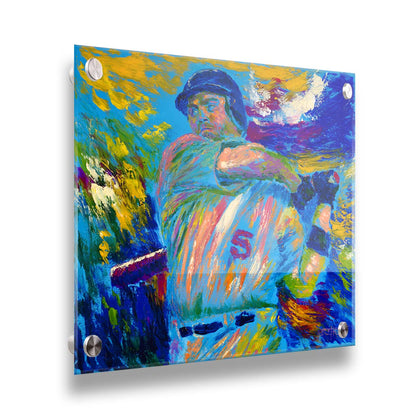 A blue and yellow painting depicting a baseball player mid-swing of the bat. The visible brushstrokes emphasize the movement of the swing. Printed on acrylic.