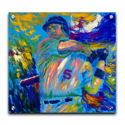 A blue and yellow painting depicting a baseball player mid-swing of the bat. The visible brushstrokes emphasize the movement of the swing. Printed on acrylic.