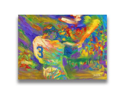 A painting of a baseball player swinging a bat. Printed on canvas.