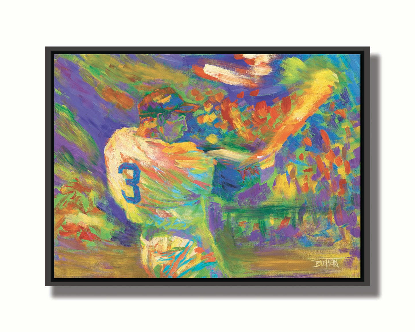 A painting of a baseball player swinging a bat. Printed on canvas in a float frame.