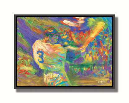 A painting of a baseball player swinging a bat. Printed on canvas in a float frame.