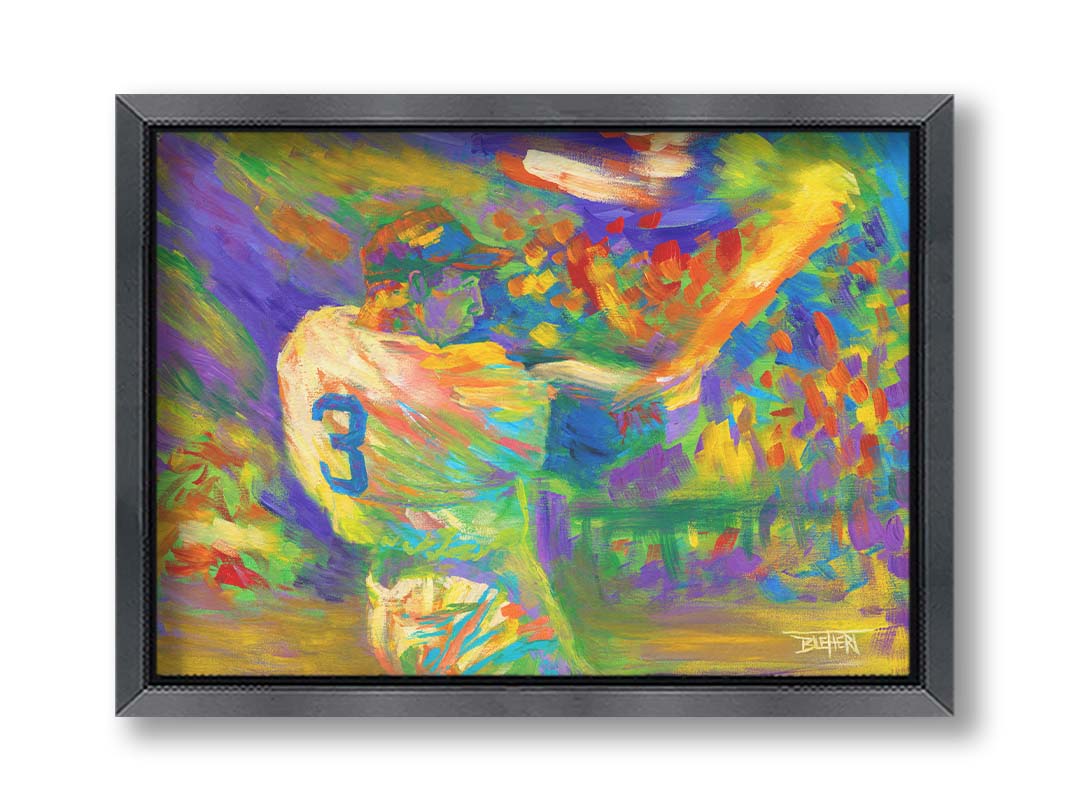 A painting of a baseball player swinging a bat. Printed on canvas and framed.