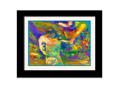 A painting of a baseball player swinging a bat. Printed on paper, matted, and framed.