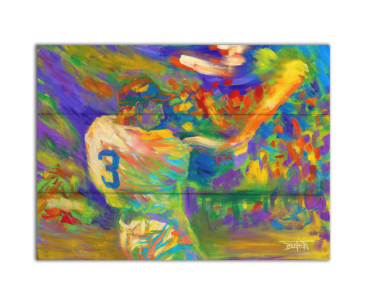 A painting of a baseball player swinging a bat. Printed on a box board.