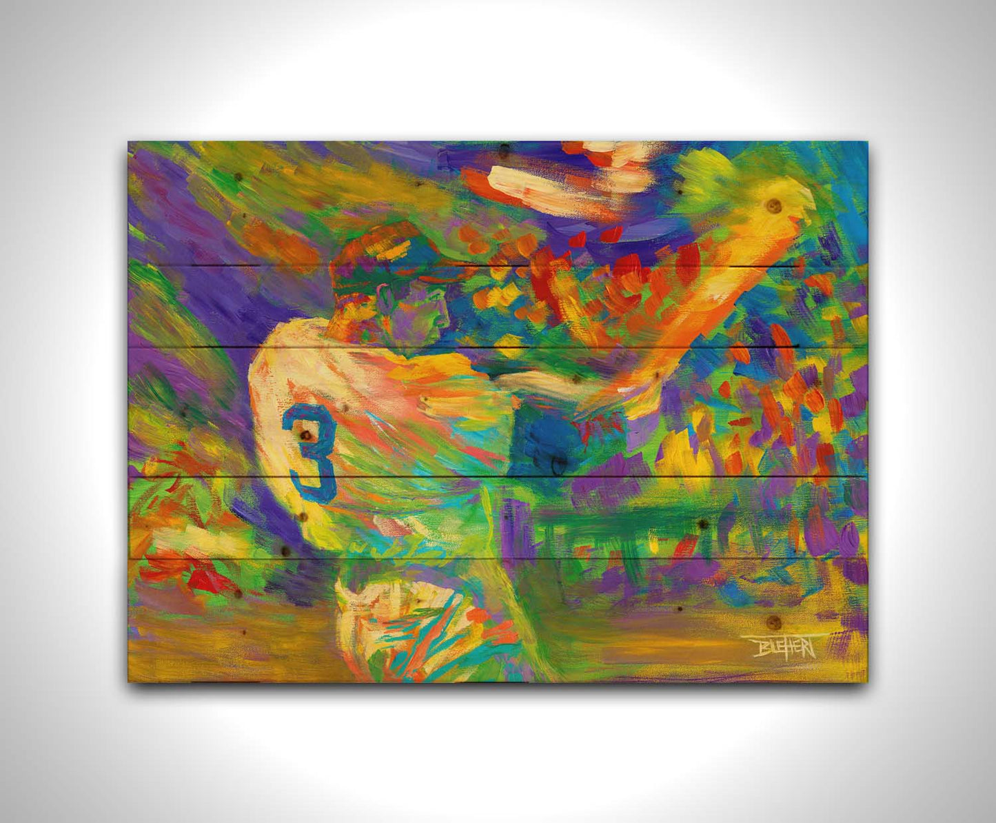 A painting of a baseball player swinging a bat. Printed on a wood pallet.