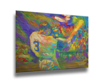 A painting of a baseball player swinging a bat. Printed on metal.