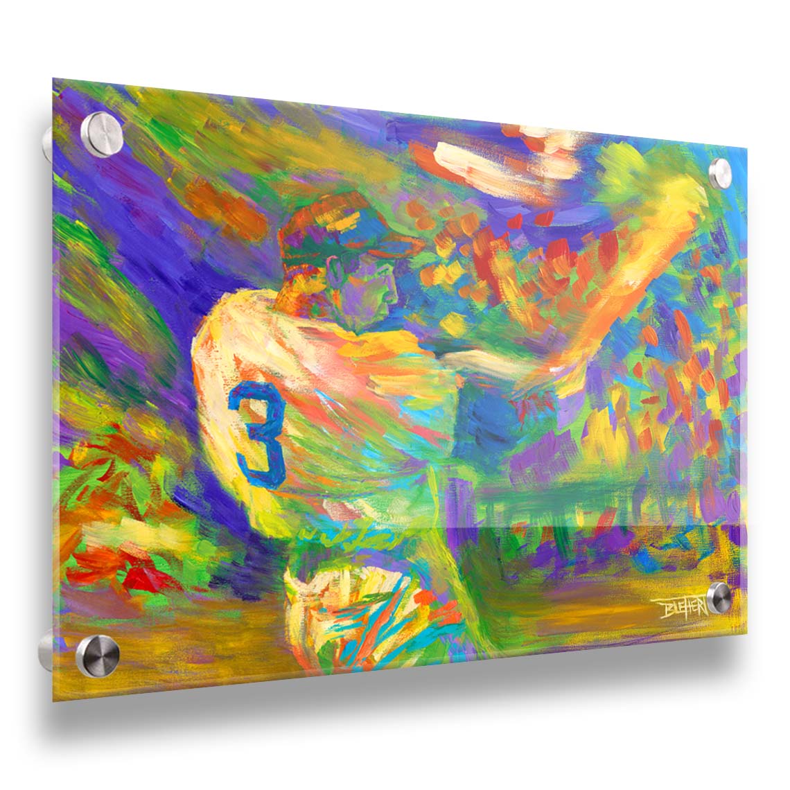 A painting of a baseball player swinging a bat. Printed on acrylic.