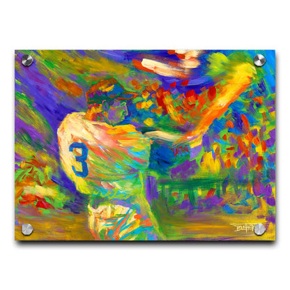 A painting of a baseball player swinging a bat. Printed on acrylic.