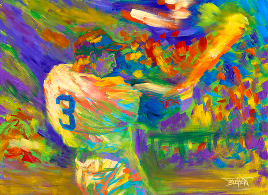 A painting of a baseball player swinging a bat.