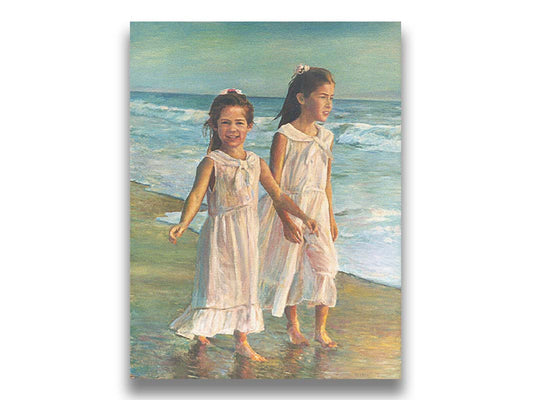 A painting of two children walking along the beach in matching white dresses. Printed on canvas.