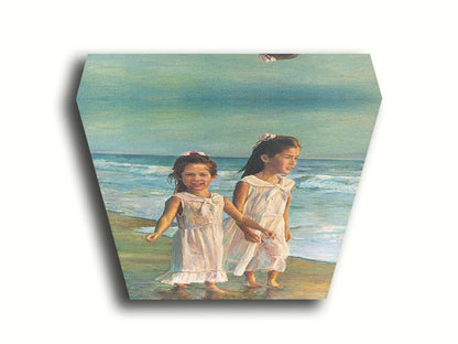 A painting of two children walking along the beach in matching white dresses. Printed on canvas.