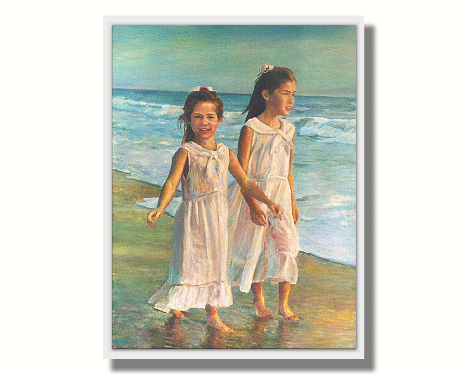 A painting of two children walking along the beach in matching white dresses. Printed on canvas in a float frame.