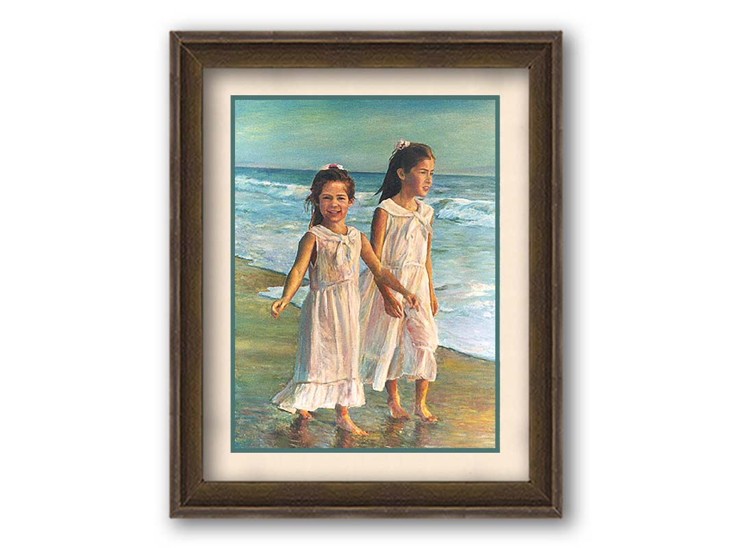 A painting of two children walking along the beach in matching white dresses. Printed on paper, matted, and framed.