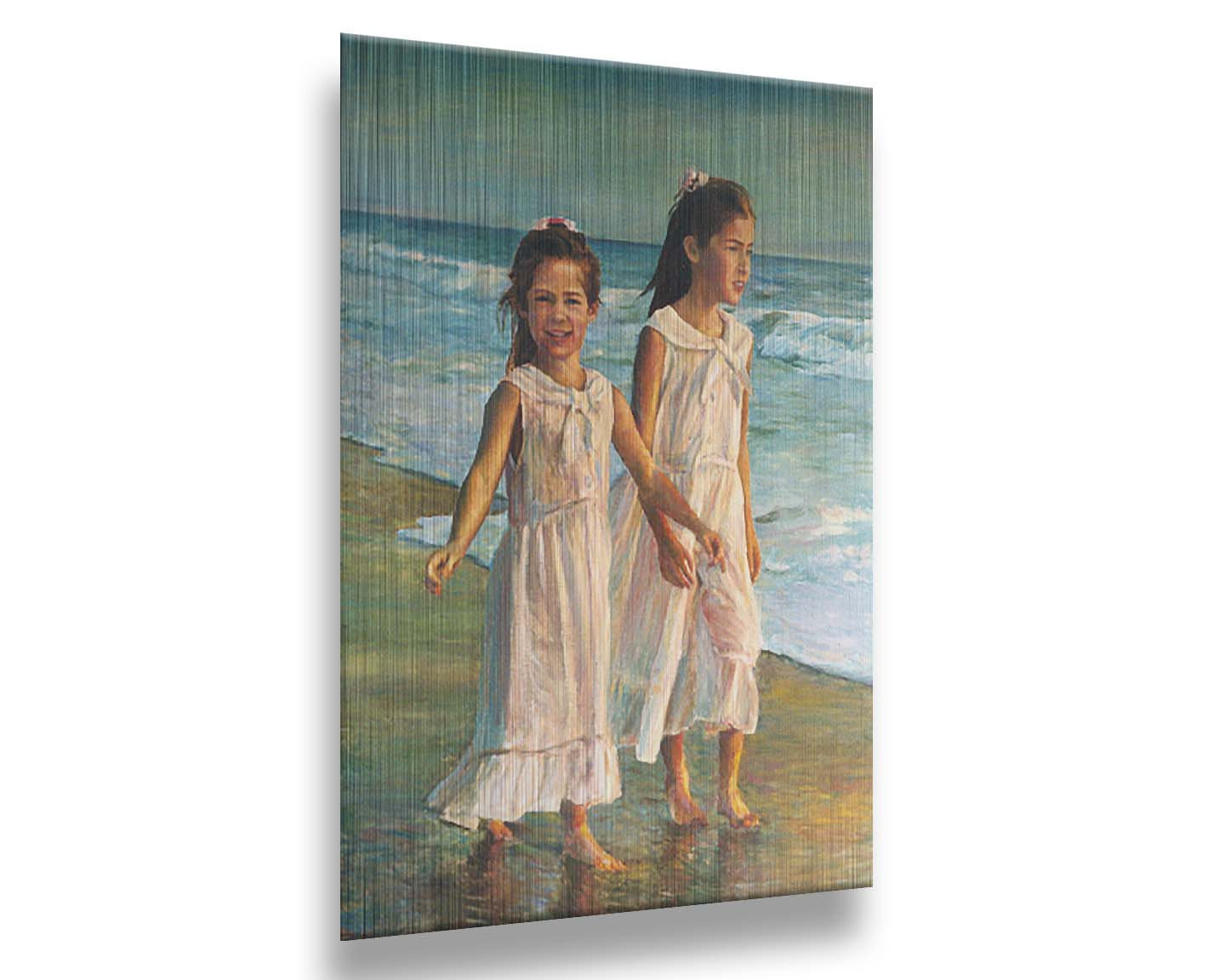 A painting of two children walking along the beach in matching white dresses. Printed on metal.