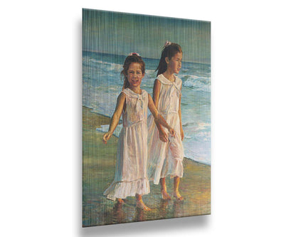 A painting of two children walking along the beach in matching white dresses. Printed on metal.