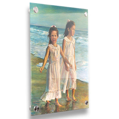 A painting of two children walking along the beach in matching white dresses. Printed on acrylic.