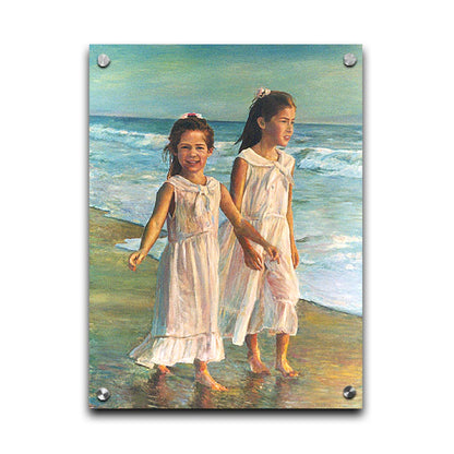 A painting of two children walking along the beach in matching white dresses. Printed on acrylic.