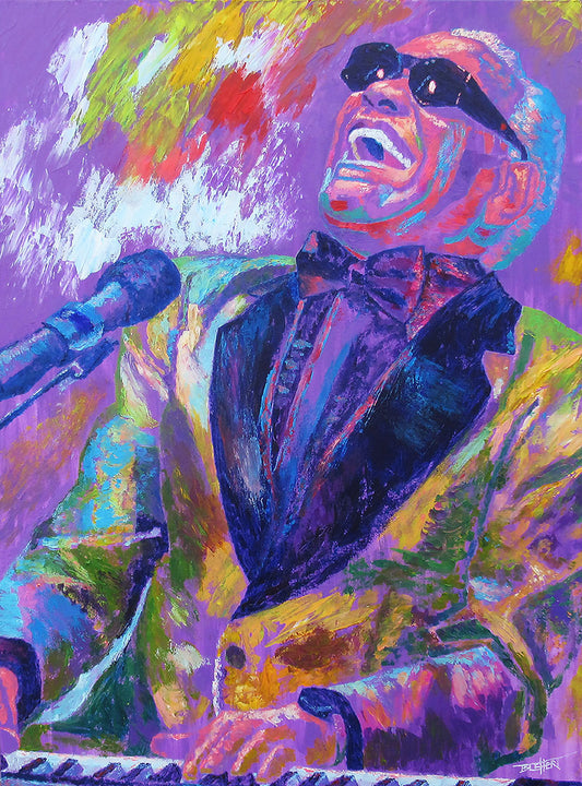 Colorful portrait painting of Ray Charles singing into a microphone with a piano.
