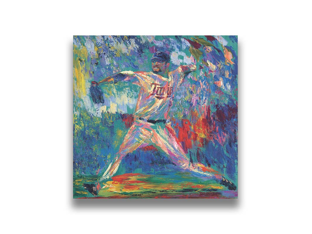 A painting of Minnesota Twins baseball player Ervin Santana pitching a ball. The movement and energy of the throw are emphasized with heavy visible brushstrokes and dyamic, arbitrary colors. Printed on canvas.