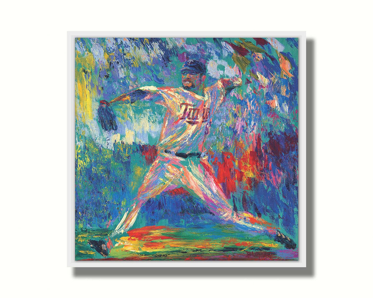 A painting of Minnesota Twins baseball player Ervin Santana pitching a ball. The movement and energy of the throw are emphasized with heavy visible brushstrokes and dyamic, arbitrary colors. Printed on canvas in a float frame.