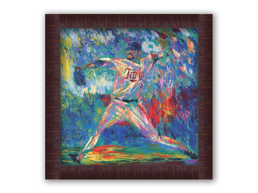 A painting of Minnesota Twins baseball player Ervin Santana pitching a ball. The movement and energy of the throw are emphasized with heavy visible brushstrokes and dyamic, arbitrary colors. Printed on canvas and framed.