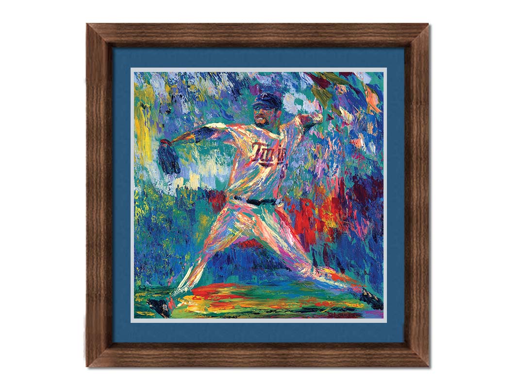 A painting of Minnesota Twins baseball player Ervin Santana pitching a ball. The movement and energy of the throw are emphasized with heavy visible brushstrokes and dyamic, arbitrary colors. Printed on paper, matted, and framed.