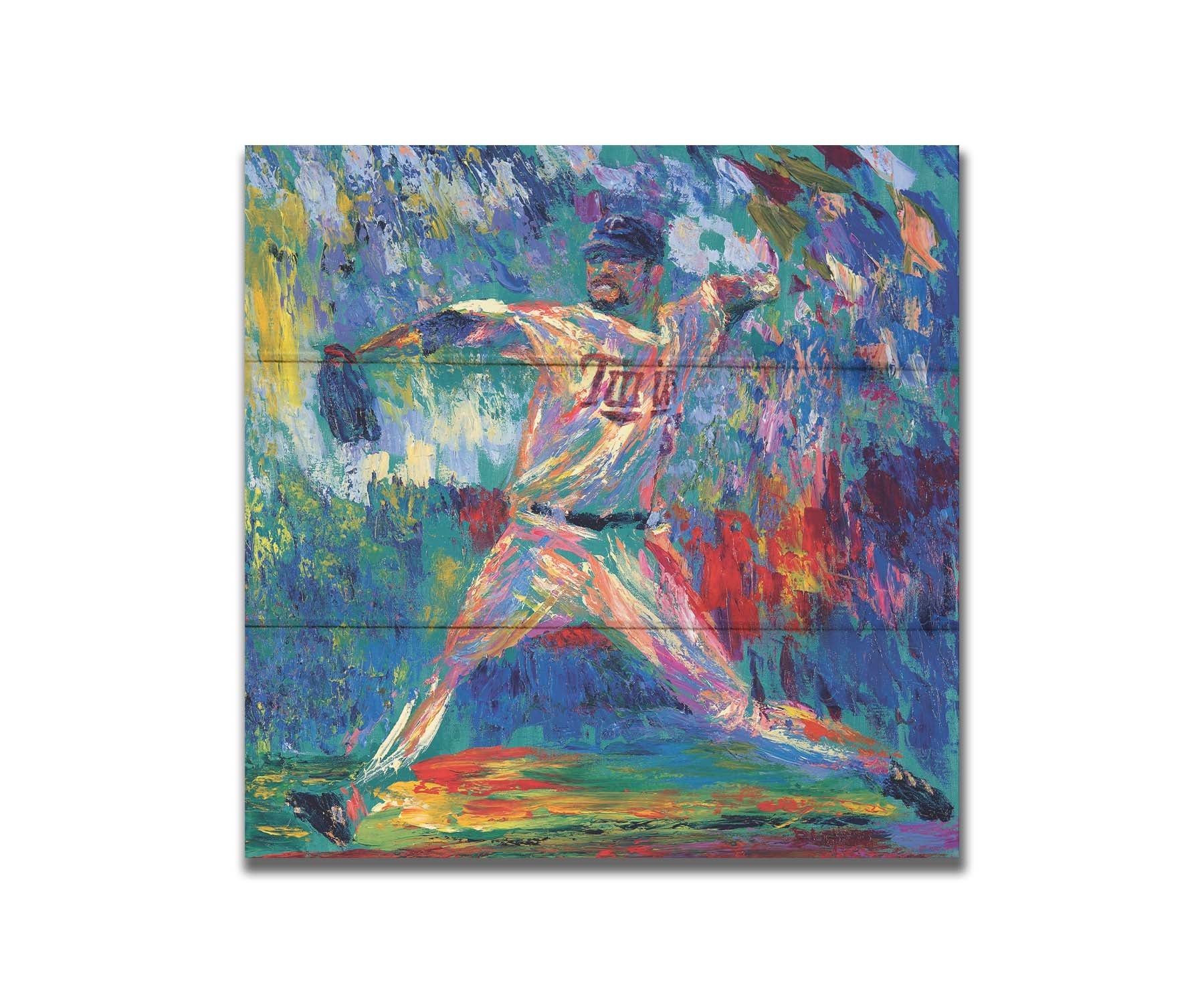 A painting of Minnesota Twins baseball player Ervin Santana pitching a ball. The movement and energy of the throw are emphasized with heavy visible brushstrokes and dyamic, arbitrary colors. Printed on a box board.