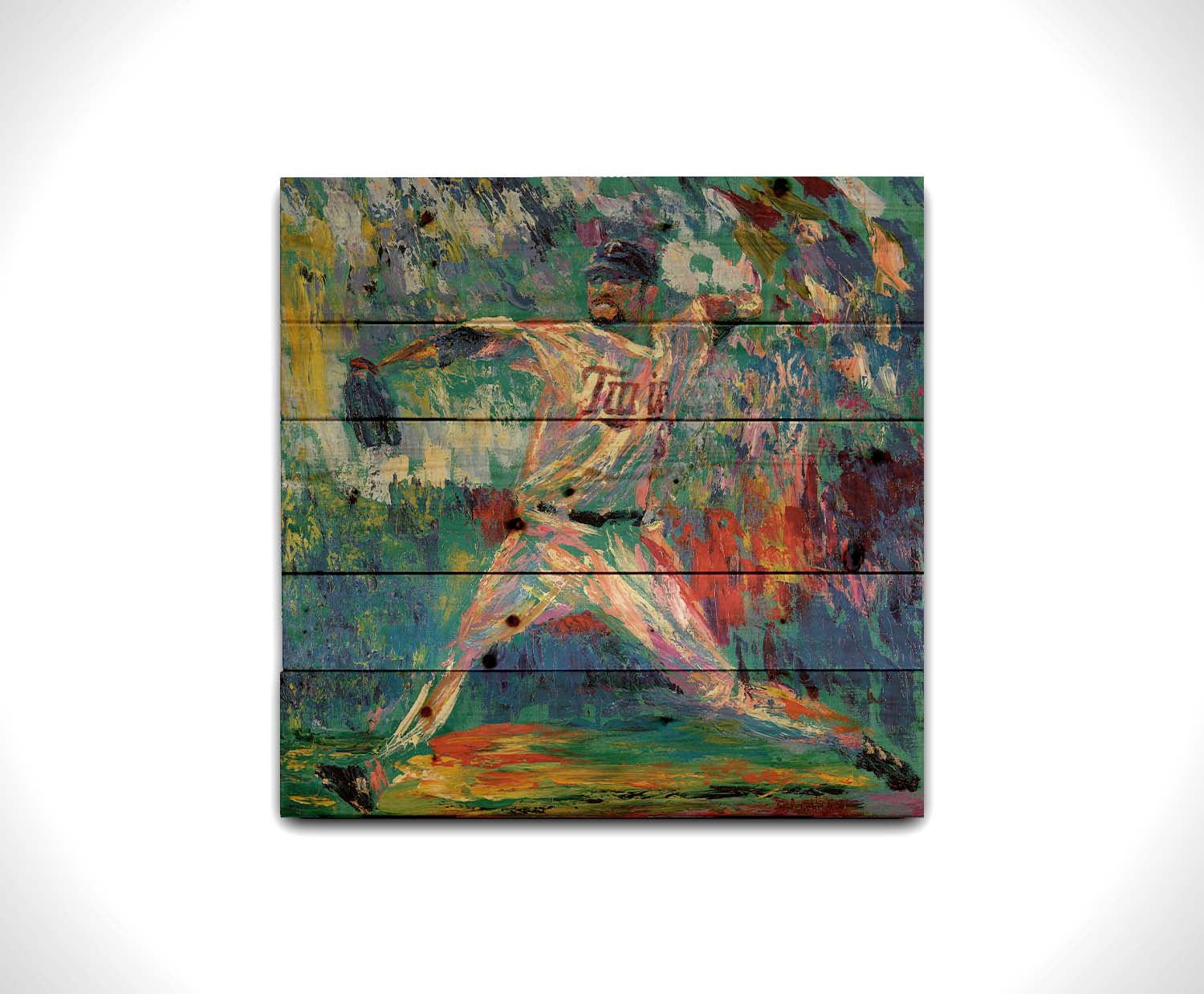 A painting of Minnesota Twins baseball player Ervin Santana pitching a ball. The movement and energy of the throw are emphasized with heavy visible brushstrokes and dyamic, arbitrary colors. Printed on a wood pallet.