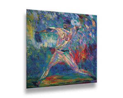 A painting of Minnesota Twins baseball player Ervin Santana pitching a ball. The movement and energy of the throw are emphasized with heavy visible brushstrokes and dyamic, arbitrary colors. Printed on metal.