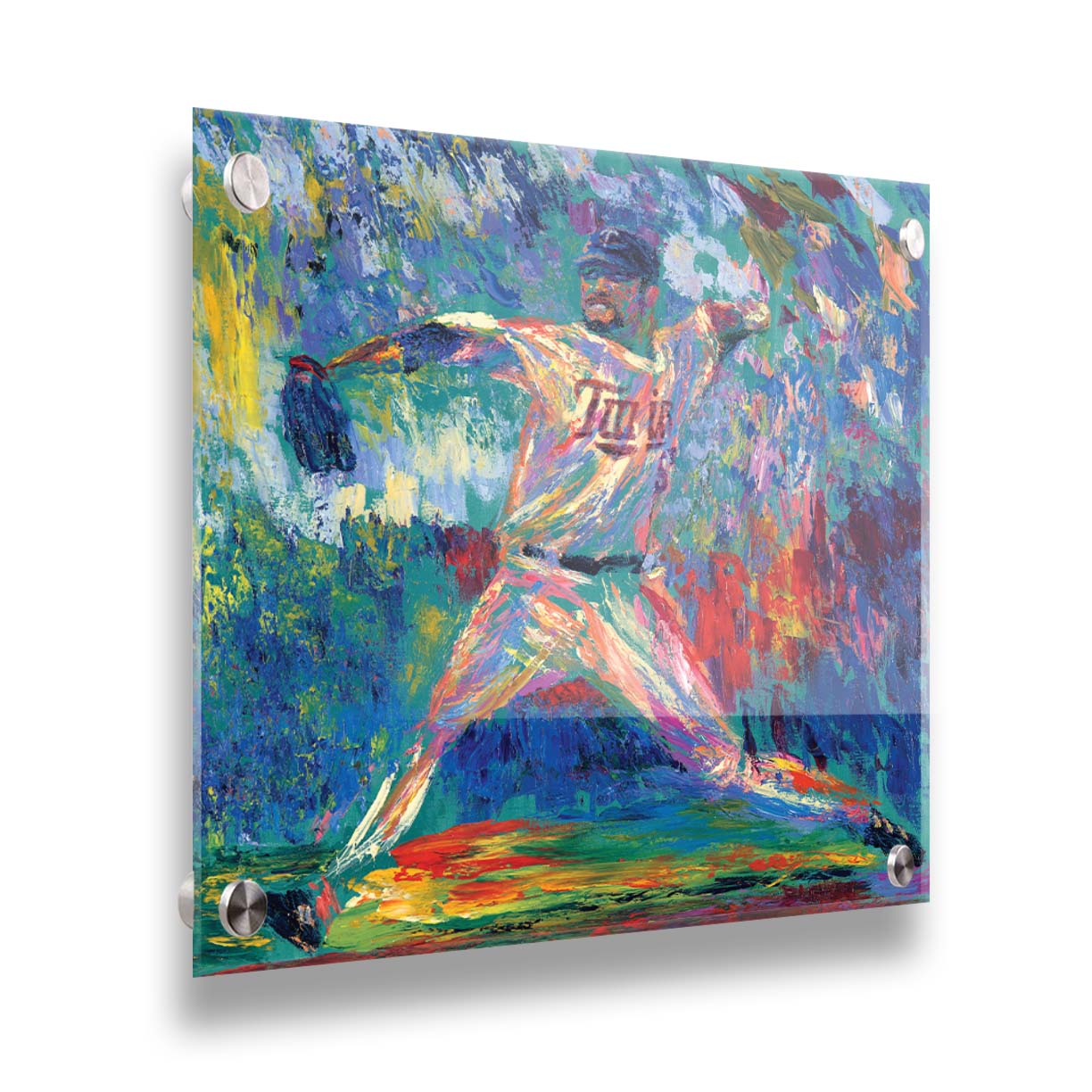 A painting of Minnesota Twins baseball player Ervin Santana pitching a ball. The movement and energy of the throw are emphasized with heavy visible brushstrokes and dyamic, arbitrary colors. Printed on acrylic.