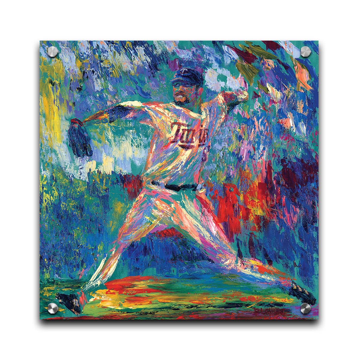 A painting of Minnesota Twins baseball player Ervin Santana pitching a ball. The movement and energy of the throw are emphasized with heavy visible brushstrokes and dyamic, arbitrary colors. Printed on acrylic.