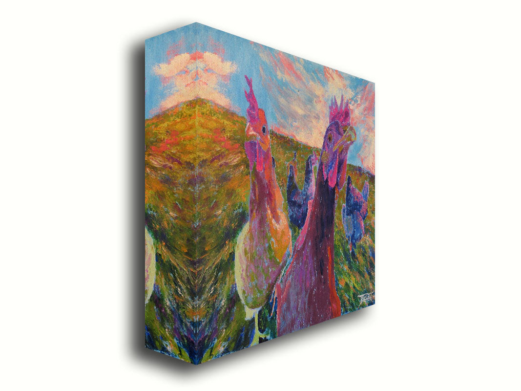 Colorful impressionist painting of chickens in a field with a vibrant sky. Printed on canvas.