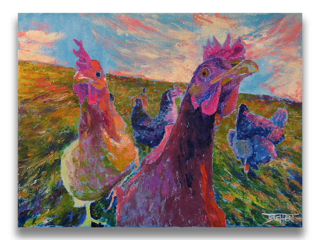 Colorful impressionist painting of chickens in a field with a vibrant sky. Printed on canvas.