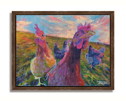 Colorful impressionist painting of chickens in a field with a vibrant sky. Printed on canvas in a float frame.