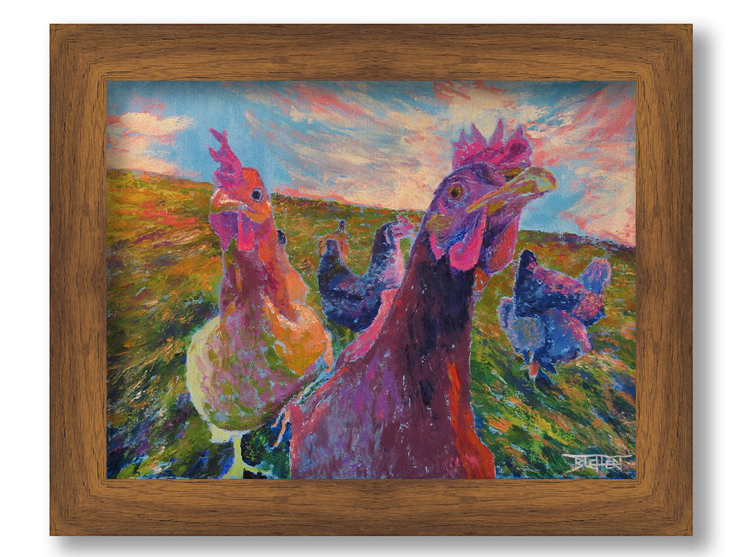 Colorful impressionist painting of chickens in a field with a vibrant sky. Printed on canvas and framed.