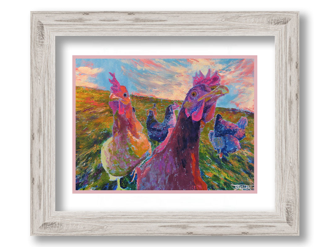 Colorful impressionist painting of chickens in a field with a vibrant sky. Printed on paper, matted, and framed.